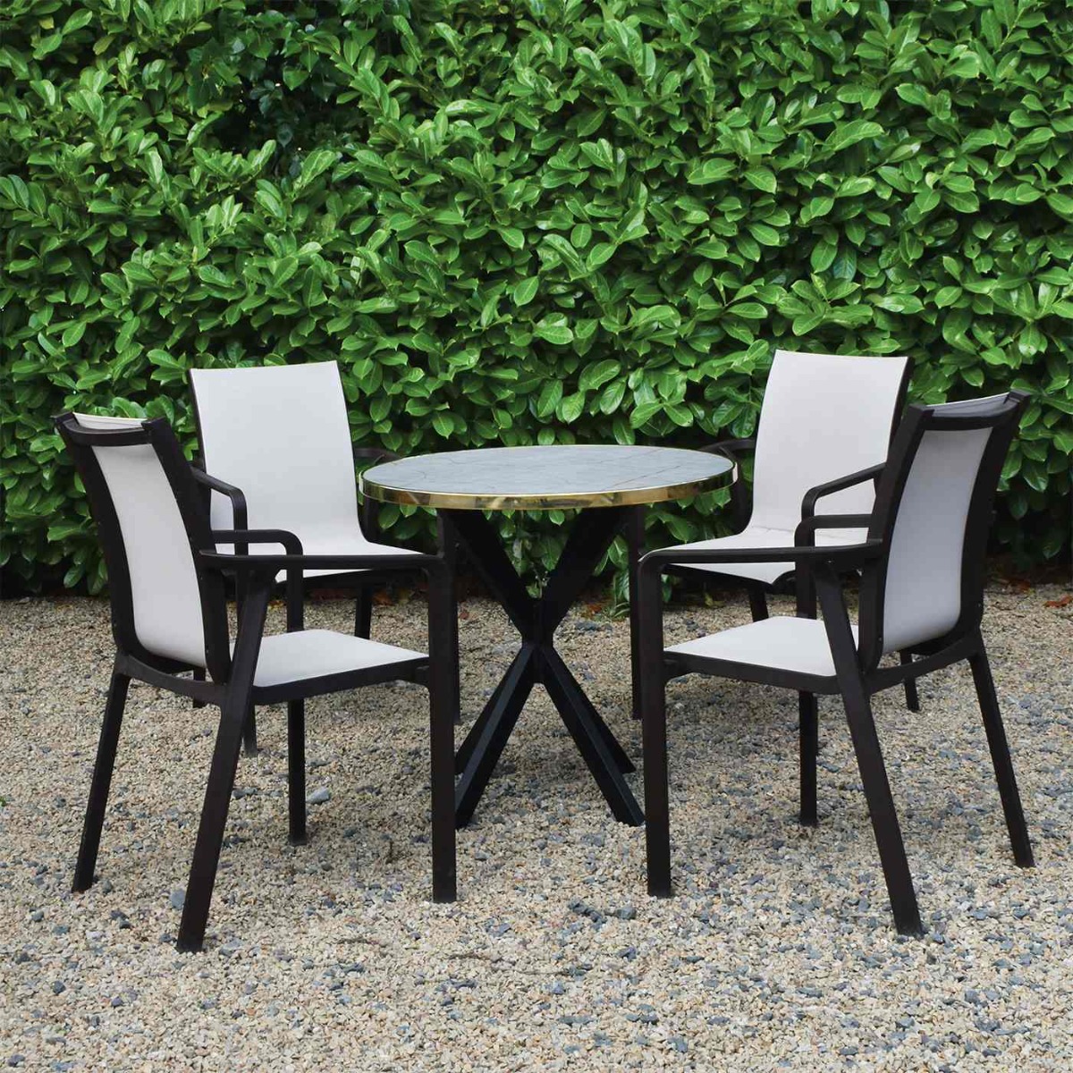 4 Seater Royal Marble Tavilio Curio Brass 80cm Round Bistro Table & Pacific Chairs in Brown