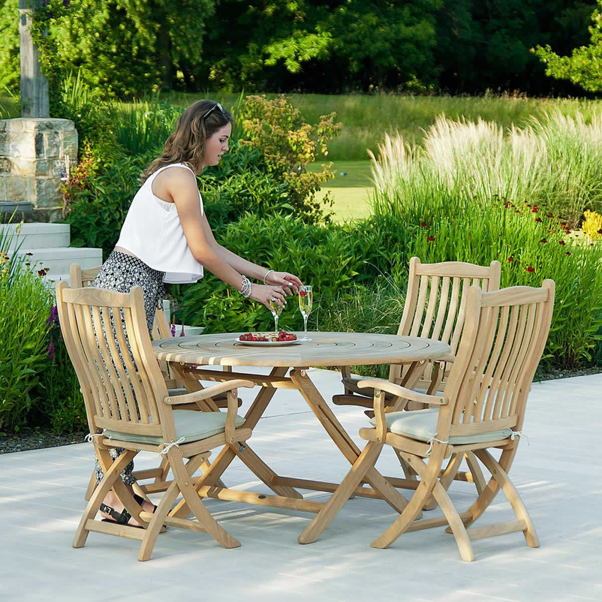 Alexander Rose Roble 4 Seat Round Foldable Table with Folding Carver Set