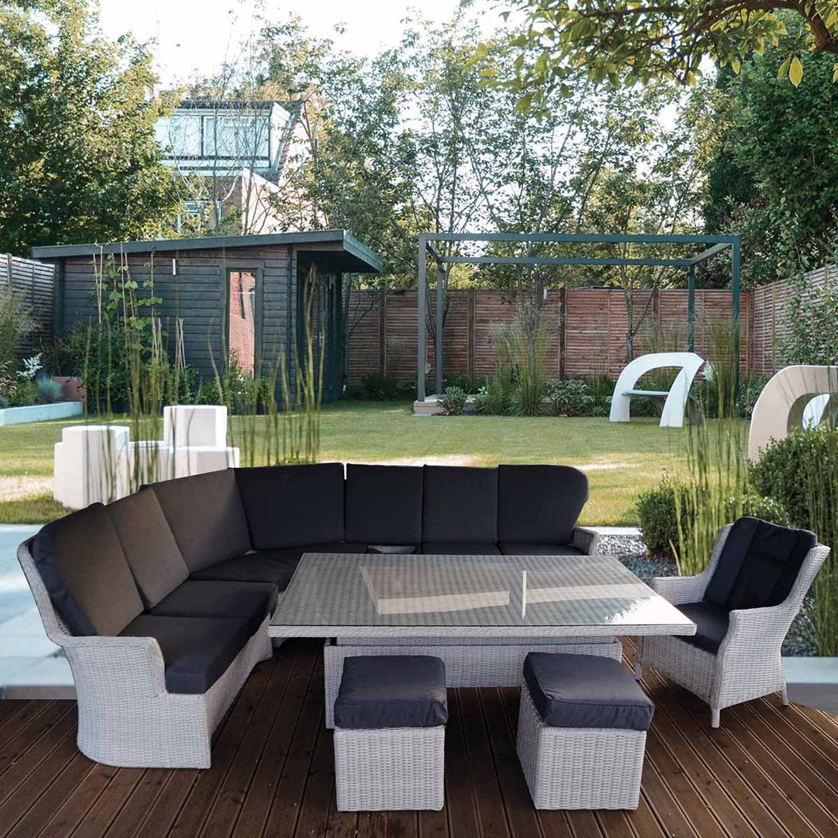 Roma Rattan Corner Dining Set with 2 Footstools and Armchair