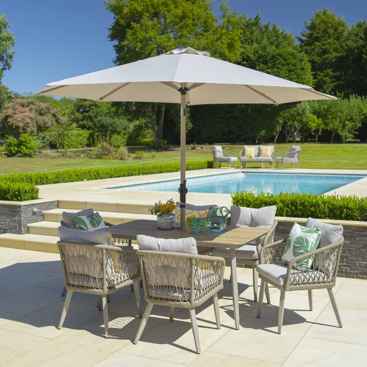 Sarasota 6 Seat Rectangular Dining Set with 3m Wood-Effect Parasol