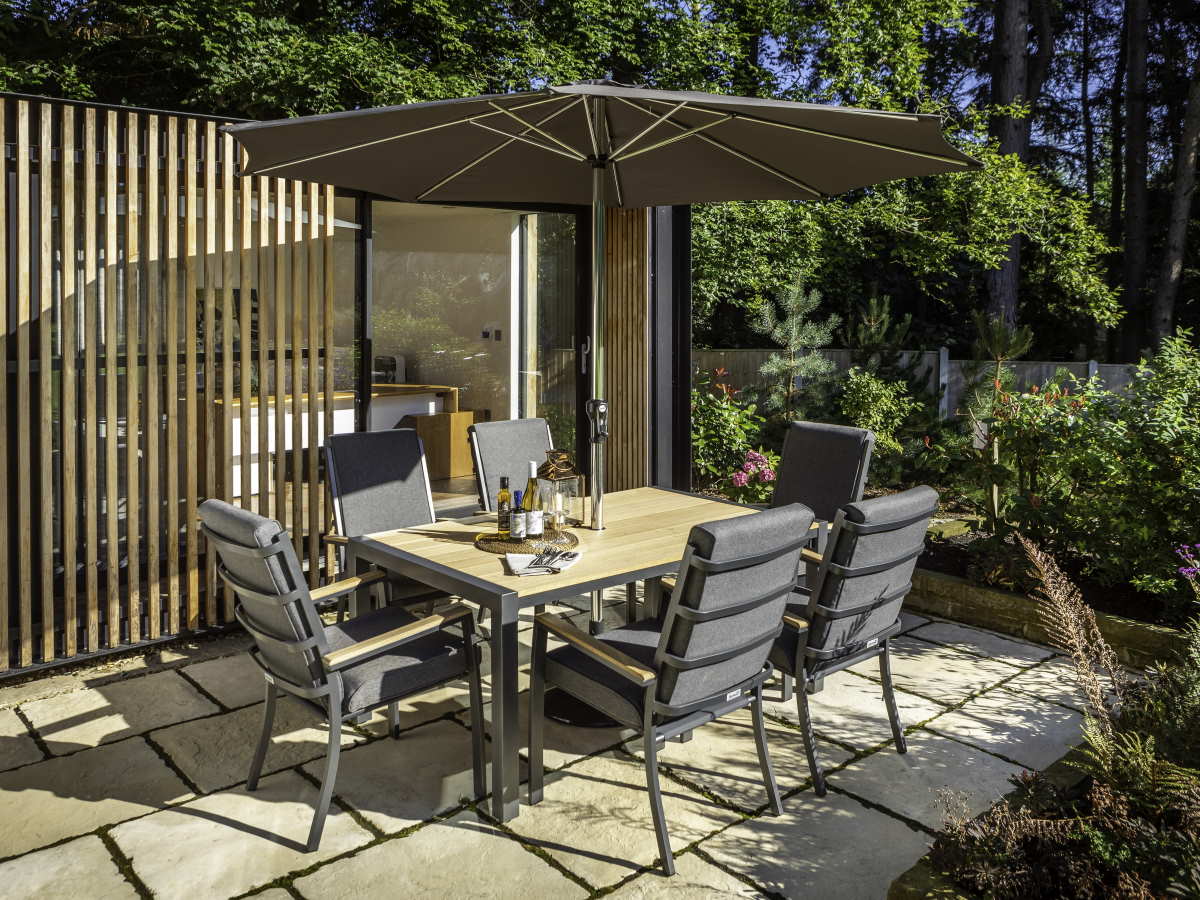 Singapore 6 Seat Teak Rectangular Set with Parasol & Base