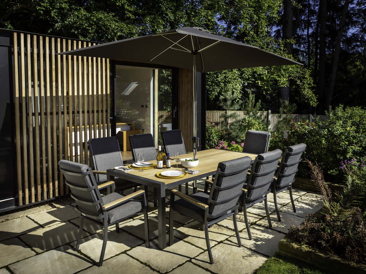 Singapore 8 Seat Teak Rectangular Set with Parasol & Base