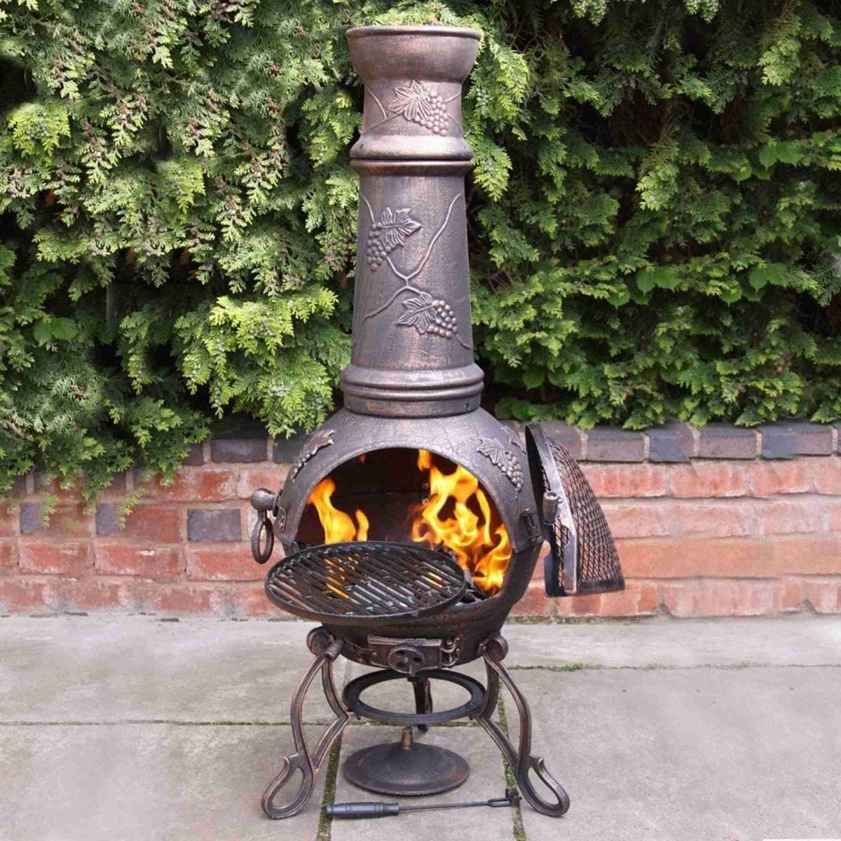 Toledo Cast Iron Patio Chimenea Extra Large Bronze with Grapes Design