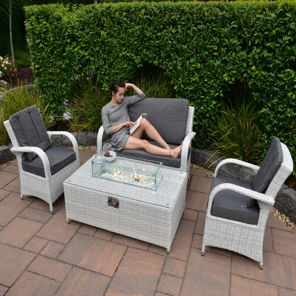 Treviso Rectangular Rattan Coffee Firepit Set With 2 Seater Bench and 2 Armchairs