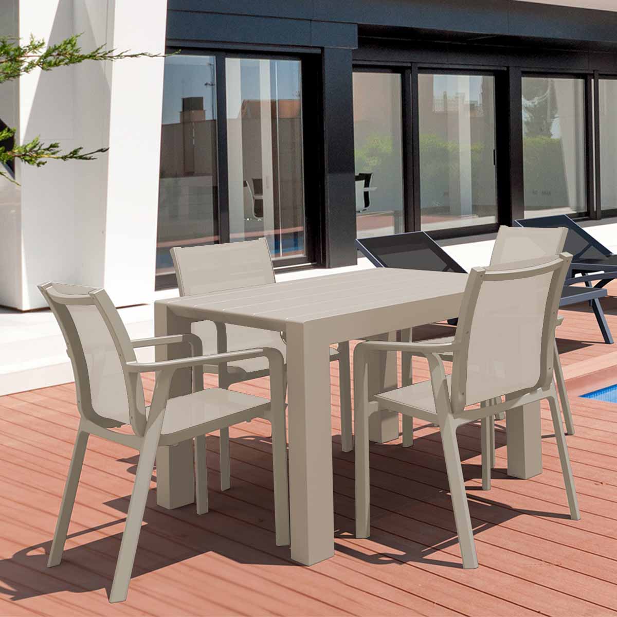 4 Pacific Chairs and Vegas Extending Table Set in Taupe