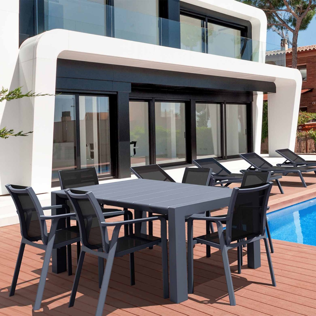 Vegas 6-8 Seater Table with 6 Pacific Chairs Set in Grey