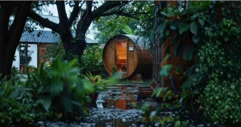 image of barrel outdoor sauna in the rain