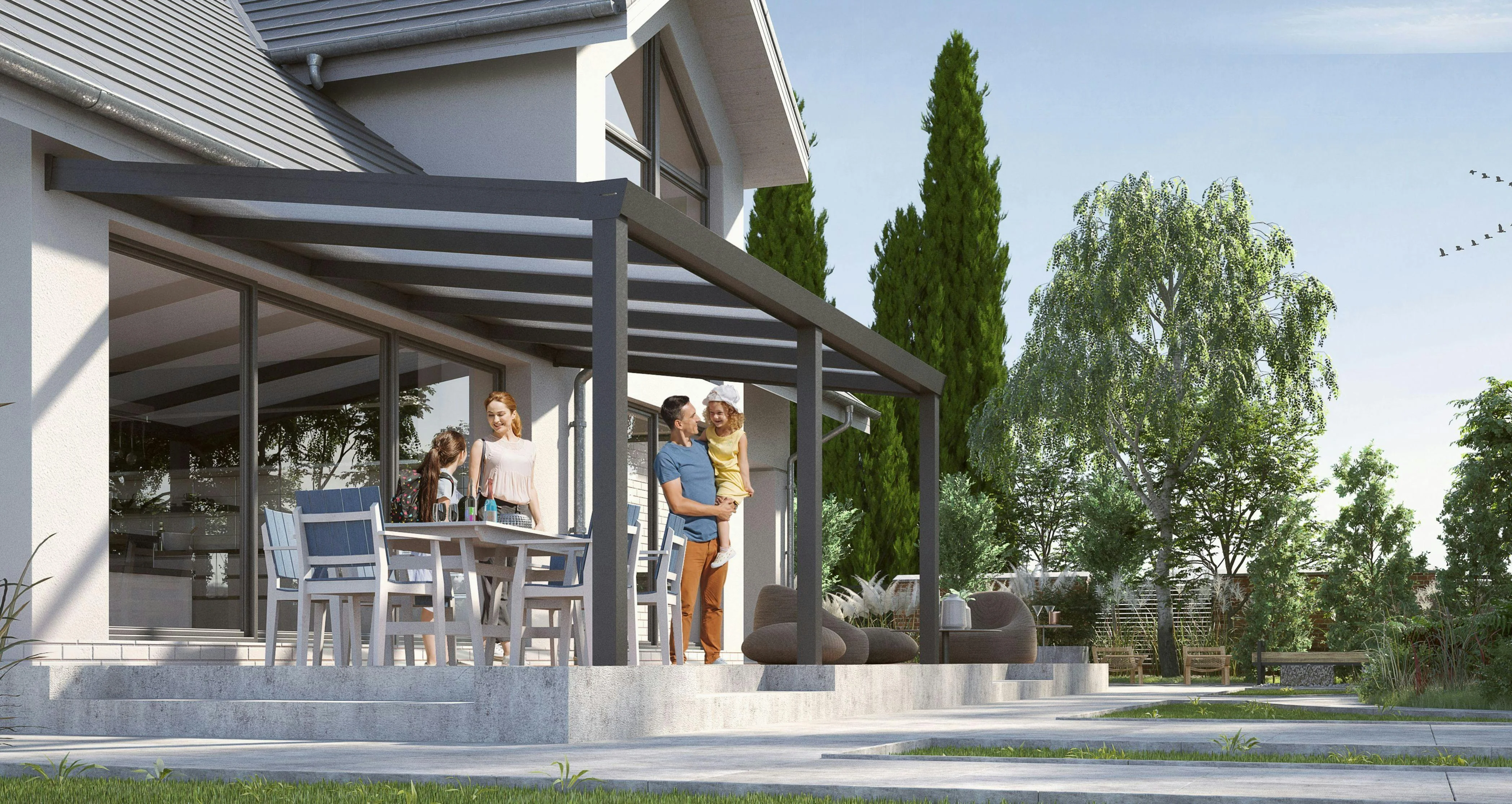 Family Under Pergola in Summer Garden