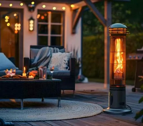 Outdoor area in evening with patio heater and garden structure with fairy lights