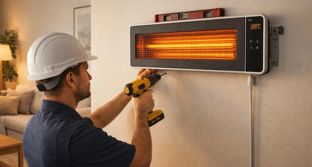 Engineer installing infrared heater in living room