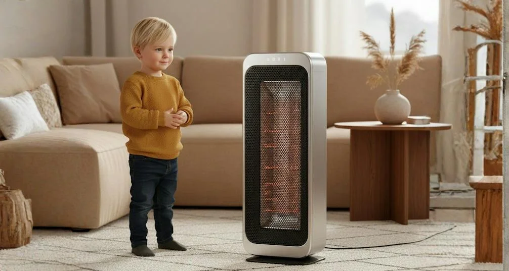 Child standing beside a free standing electric heater