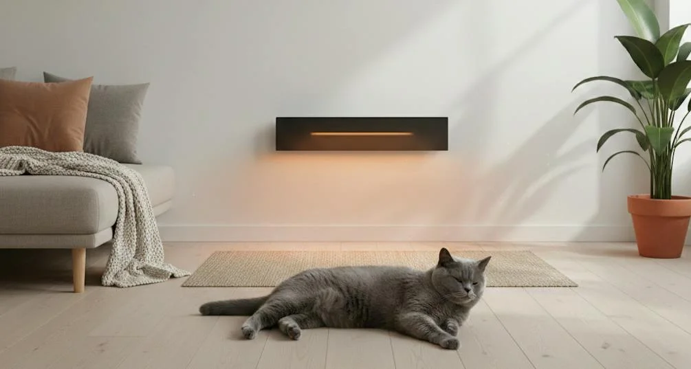 Contemporary heater in a living room with a cat lying in front of the heater