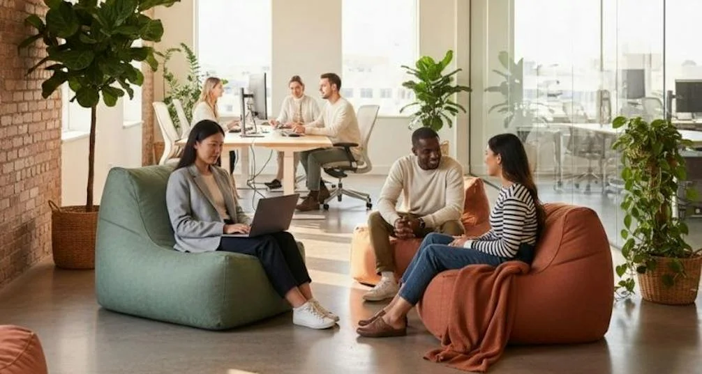 Modern office with a mix of traditional desk seating and more informal beanbags