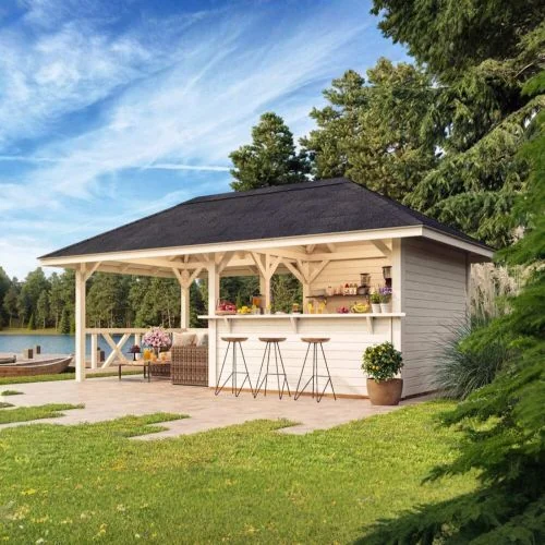 Bianca 16.6m Connect Gazebo Set 3 With Shingles, Half Wall and Fence (588cm x 300cm)