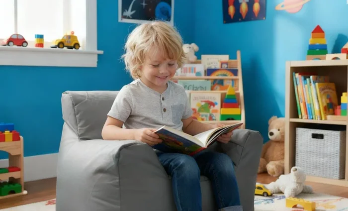 Young child reading on a small grey bean bag chair