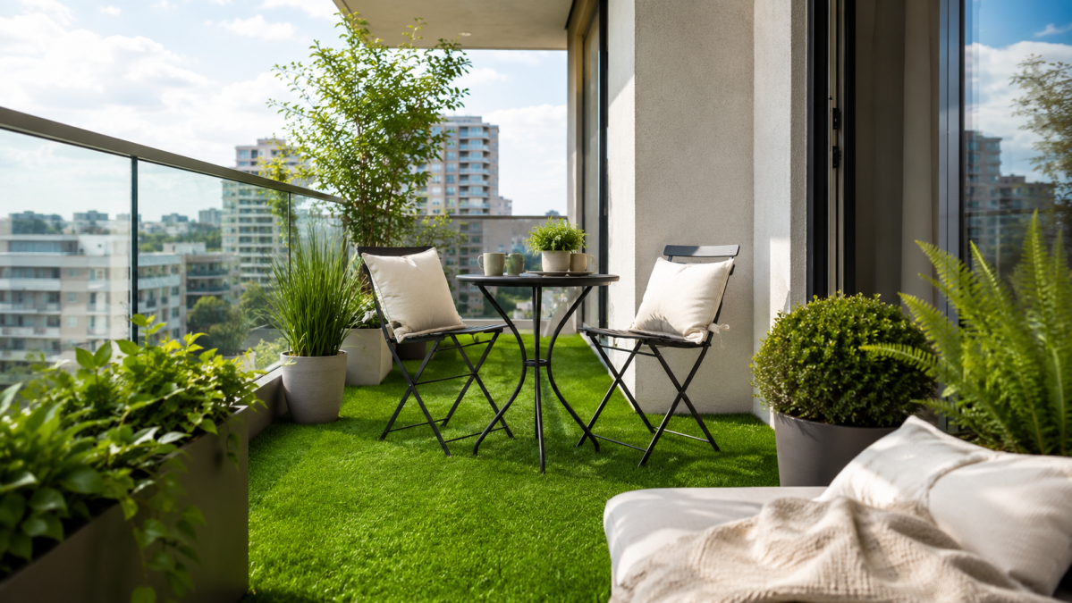 balcony grass with furniture and plants